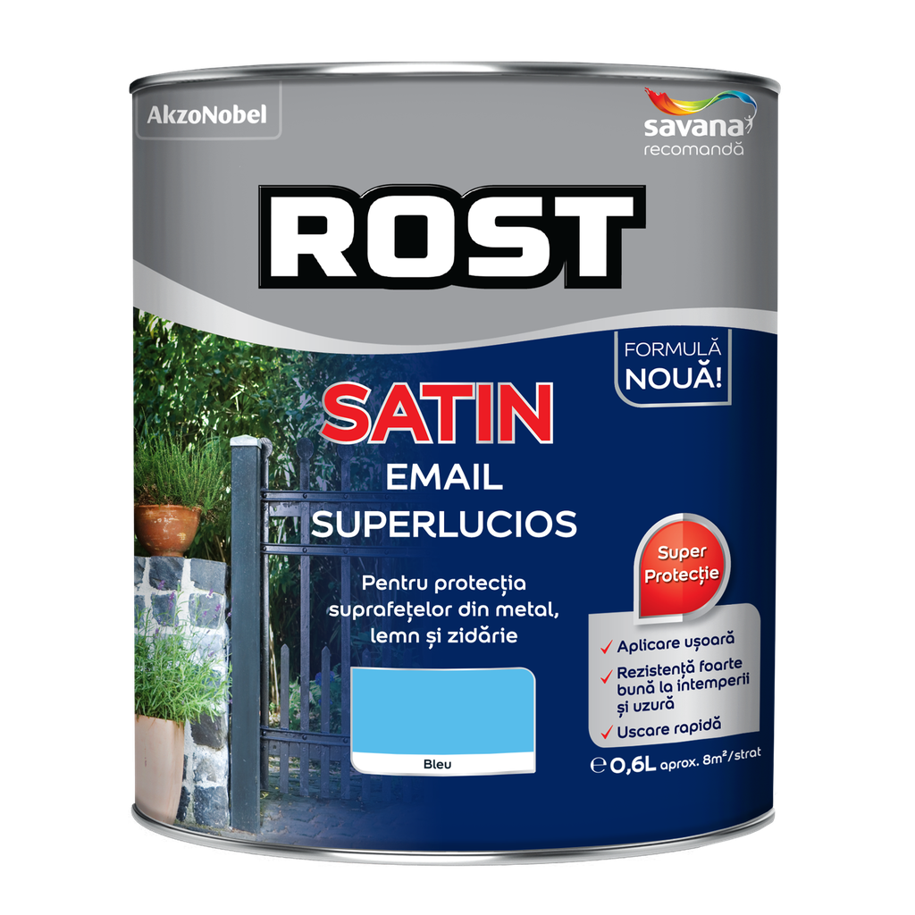 Vopsea alchidică pentru lemn/metal Rost Satin interior/exterior bleu, 0.6 l