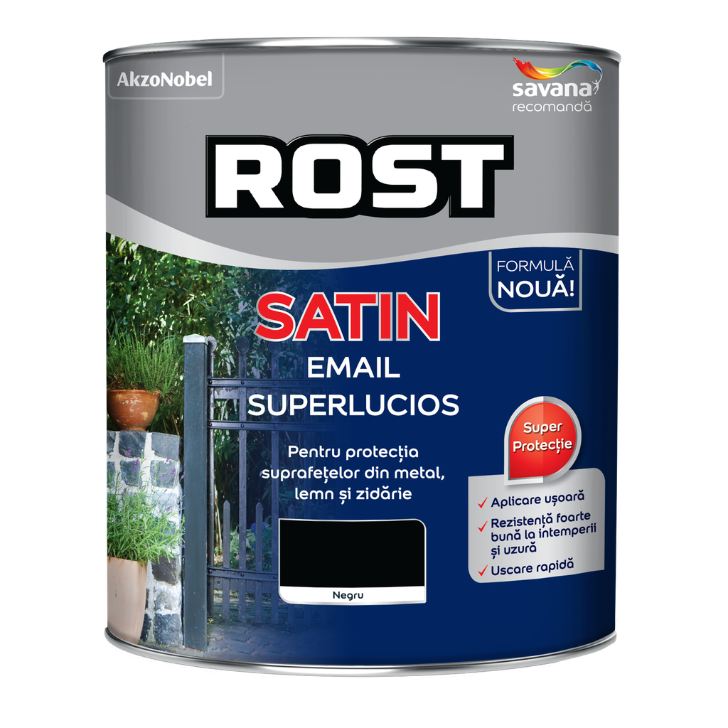 Vopsea alchidică superlucioasă pentru lemn si metal ROST SATIN interior/exterior negru, 4 l