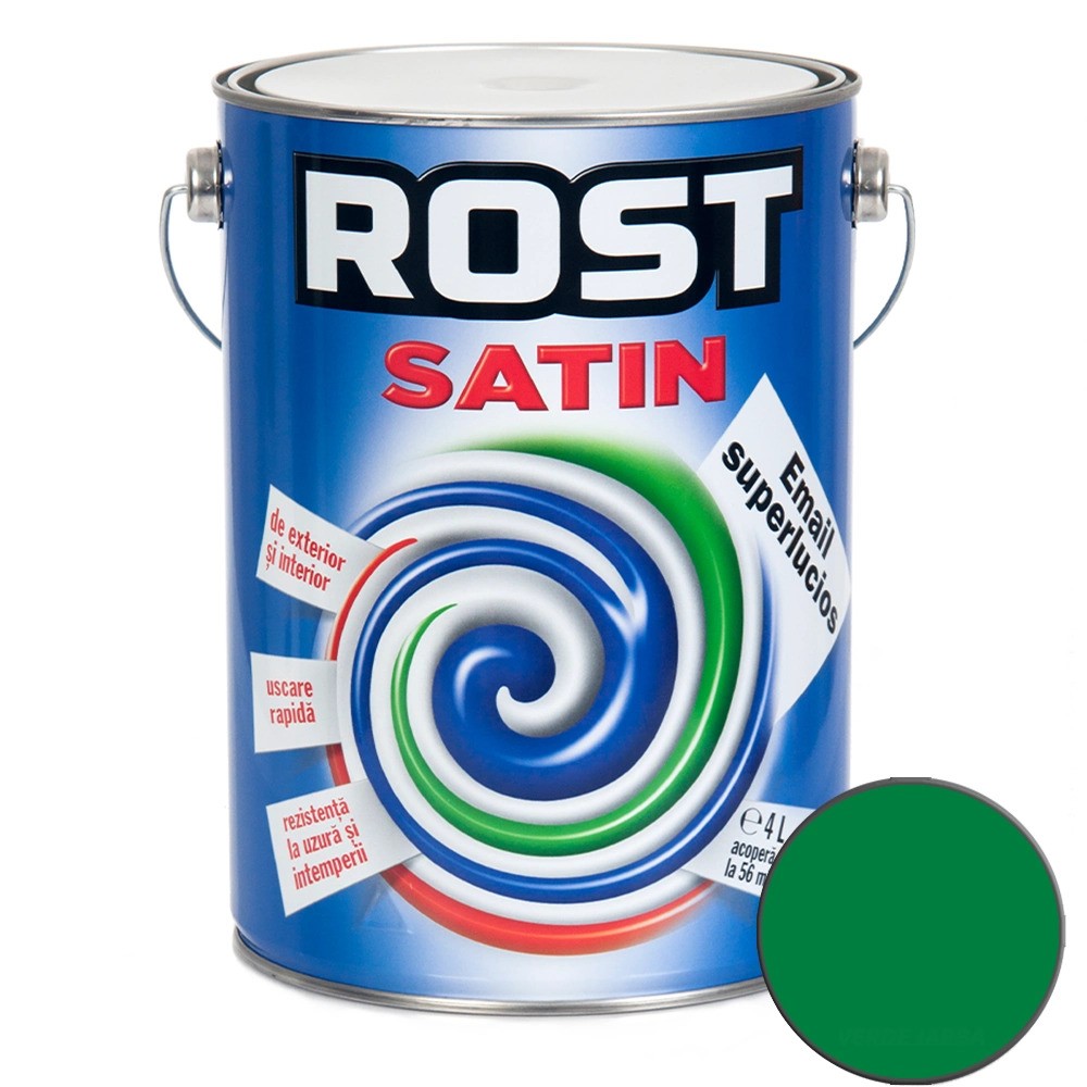 Vopsea alchidică superlucioasă pentru lemn si metal ROST SATIN interior/exterior verde mugur de brad, 4 l