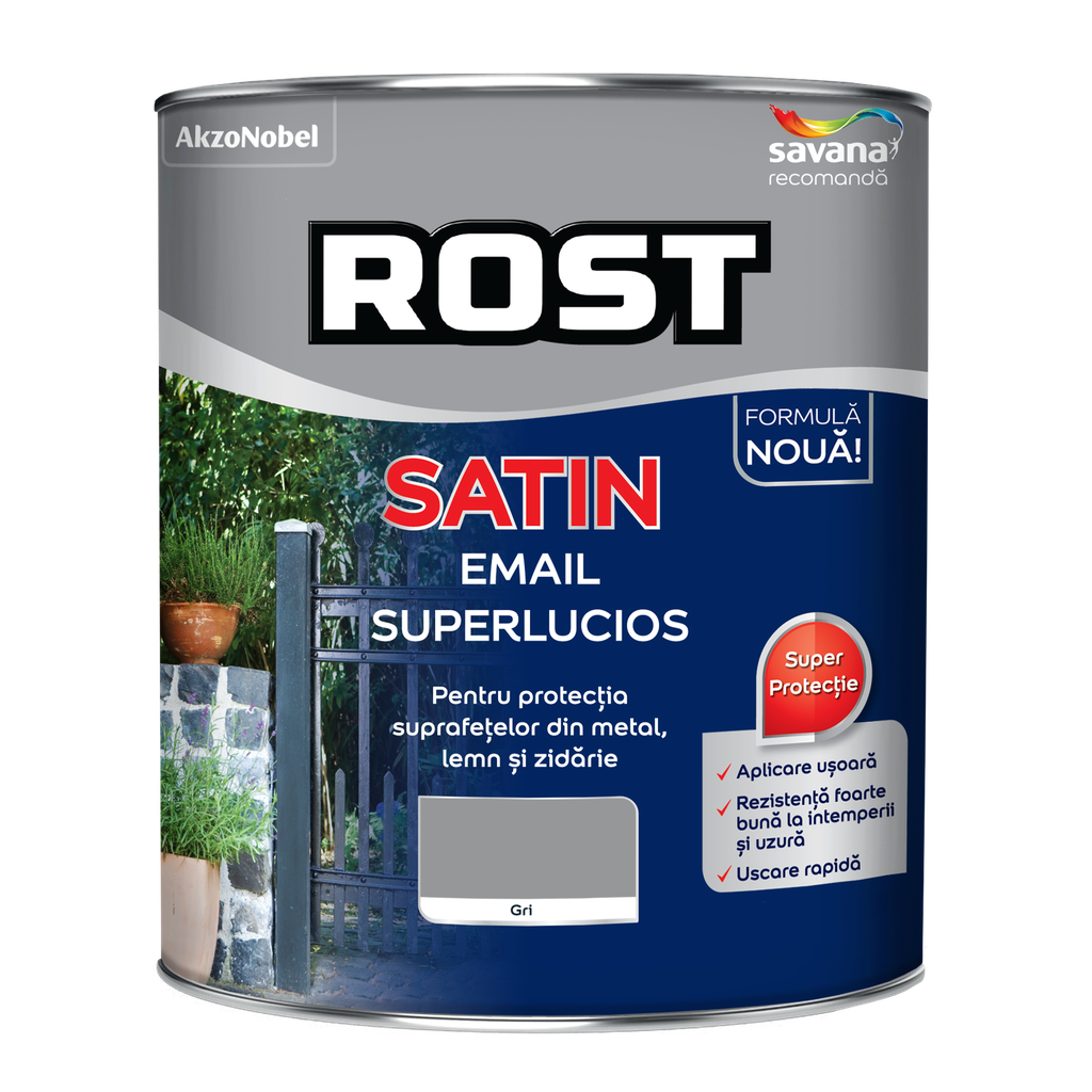 Vopsea alchidică superlucioasă pentru lemn si metal ROST SATIN interior/exterior gri, 4 l