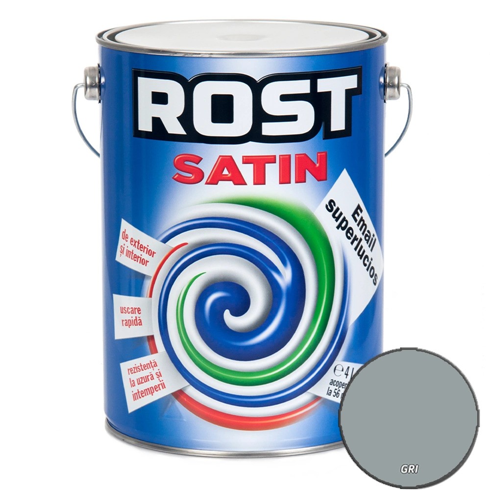 Vopsea alchidică superlucioasă pentru lemn si metal ROST SATIN interior/exterior gri, 4 l