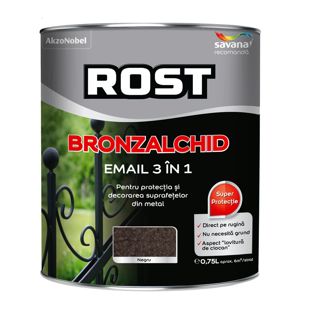 Email Rost Bronzalchid 3 în 1 pentru metal cu efect de lovitură de ciocan negru, 0.75 l