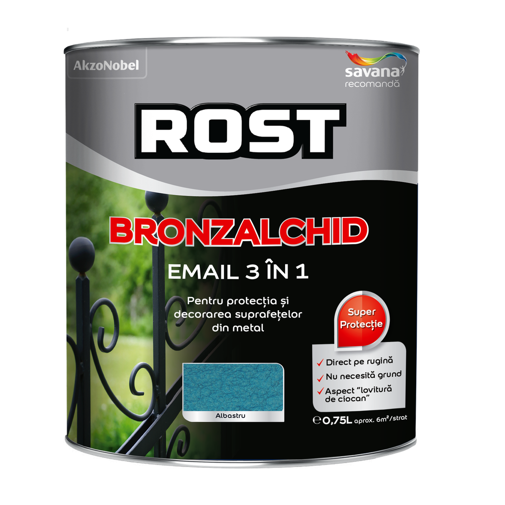 Email Rost Bronzalchid 3 în 1 pentru metal cu efect de lovitură de ciocan albastru, 0.75 l