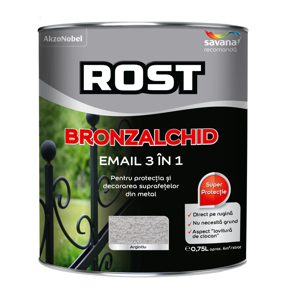 Email Rost Bronzalchid 3 în 1 pentru metal cu efect de lovitură de ciocan argintiu, 0.75 l