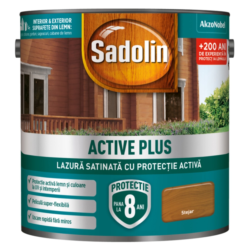 Lazură satinată Sadolin Activ plus pe bază de dispersie apoasă acrilică stejar, 2.5 l