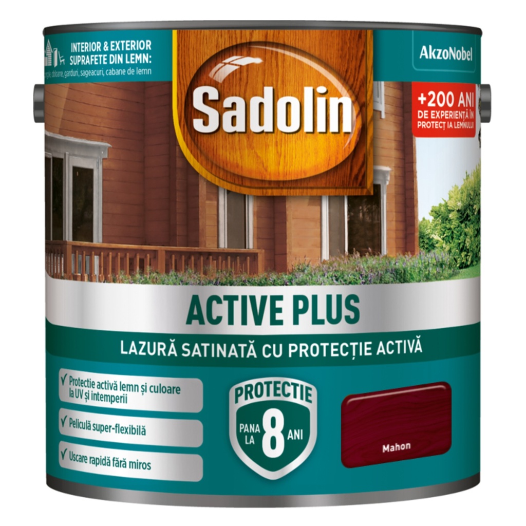 Lazură satinată Sadolin Activ plus pe bază de dispersie apoasă acrilică mahon, 5 l