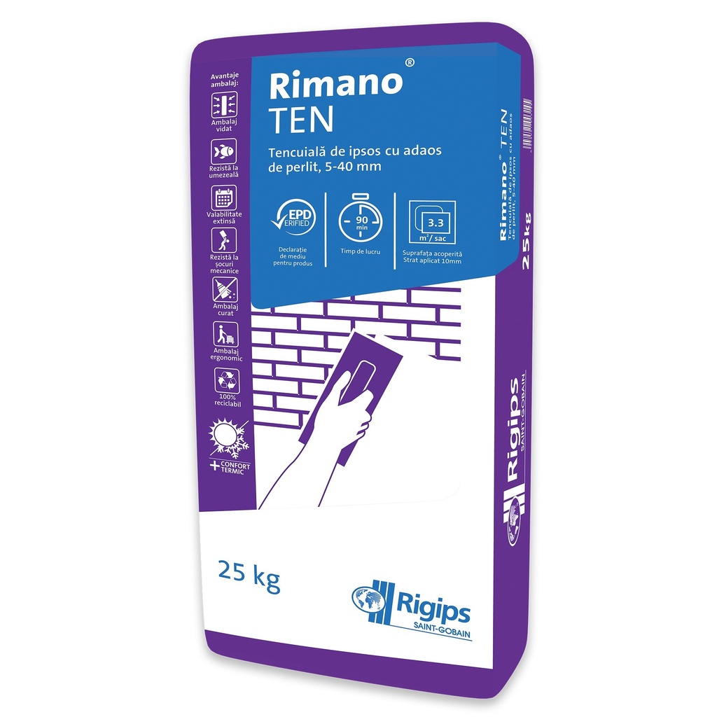 Tencuiala de ipsos, aplicare manuala Rigips Rimano® Ten, interior, 25 kg/sac