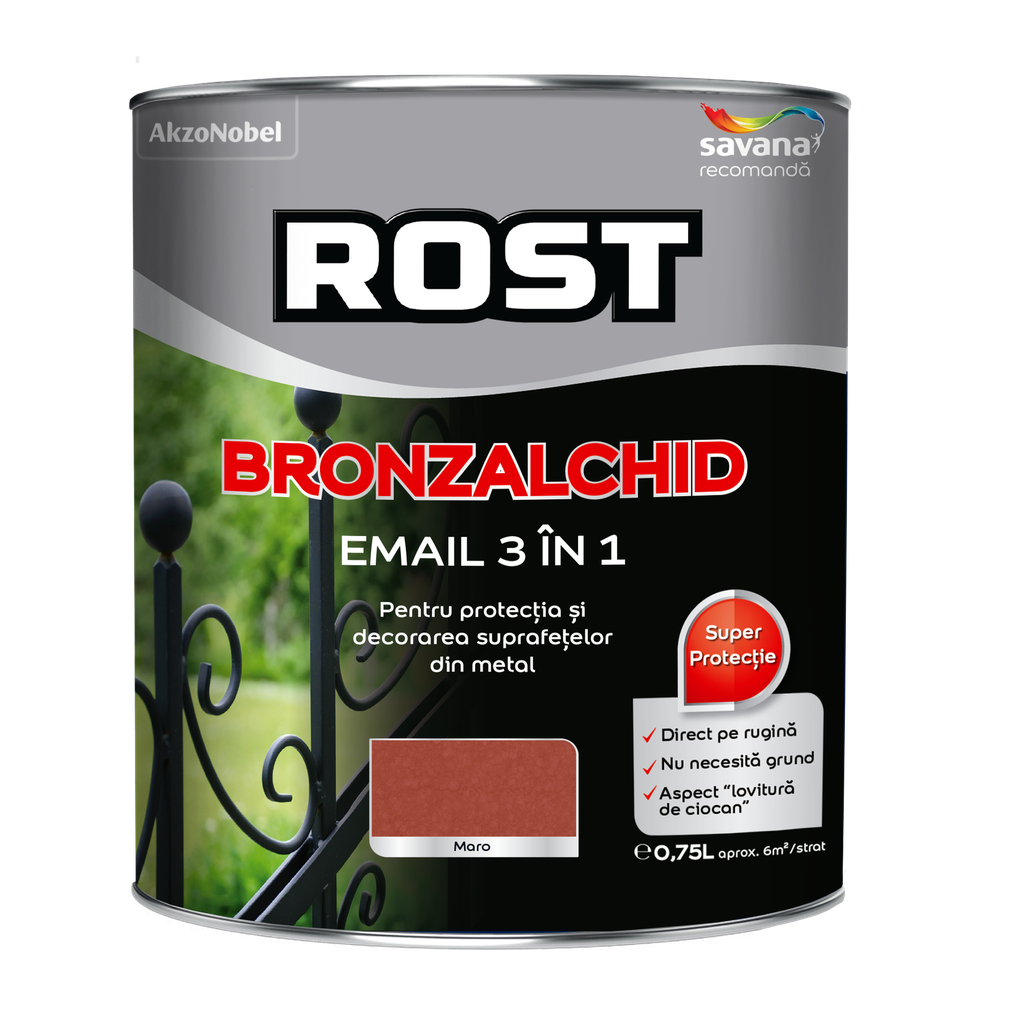 Email Rost Bronzalchid 3 în 1 pentru metal cu efect de lovitură de ciocan maro, 0.75 l