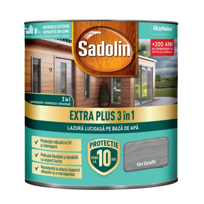 Sadolin EXTRA PLUS 3în1 - lazura lucioasă pentru lemn pe bază de de apă: gri grafit 0.75 l
