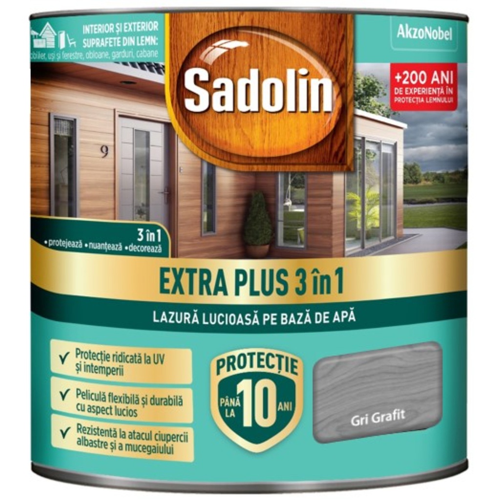 Sadolin EXTRA PLUS 3în1 - lazura lucioasă pentru lemn pe bază de de apă: gri grafit 0.75 l