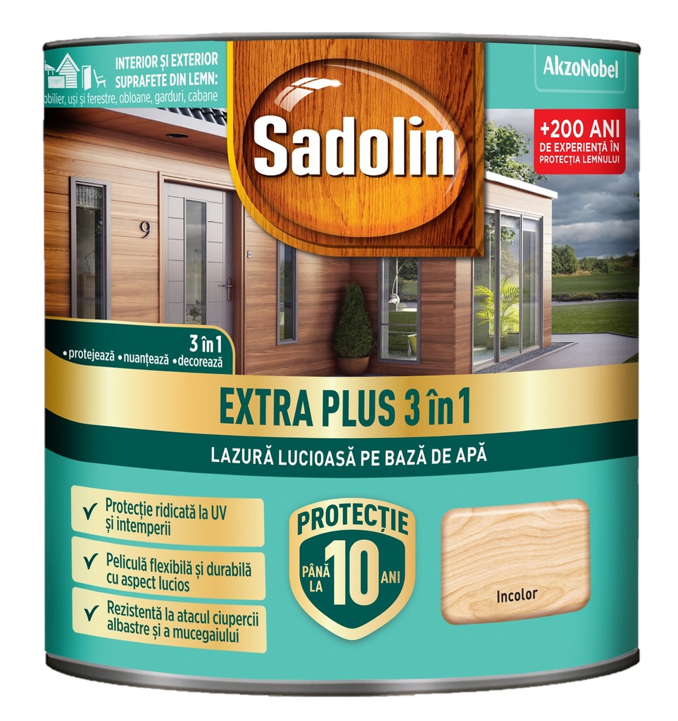 Lazura lucioasa, Sadolin EXTRA PLUS 3in1, pentru lemn pe baza de de apa: incolor 0.75 L