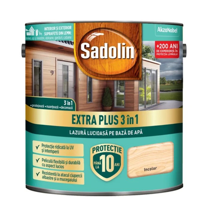 Lazura lucioasa, Sadolin EXTRA PLUS 3in1, pentru lemn pe baza de de apa: incolor 2.5 l