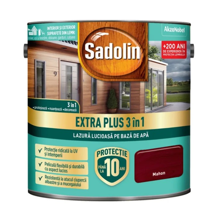 Lazura lucioasa, Sadolin EXTRA PLUS 3in1, pentru lemn pe baza de de apa: mahon 0.75 L