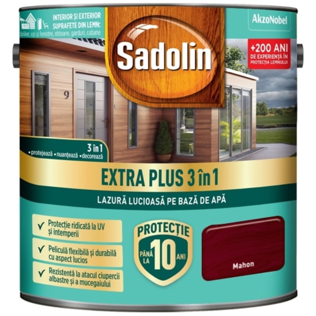 Sadolin EXTRA PLUS 3în1 - lazura lucioasă pentru lemn pe bază de de apă: mahon 2.5 l