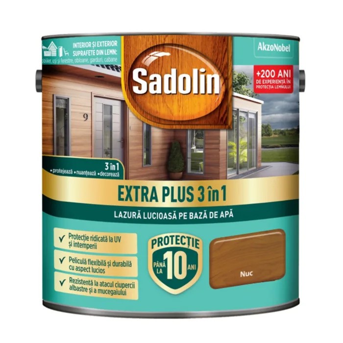 Sadolin EXTRA PLUS 3în1 - lazura lucioasă pentru lemn pe bază de de apă, nuc 2.5 l