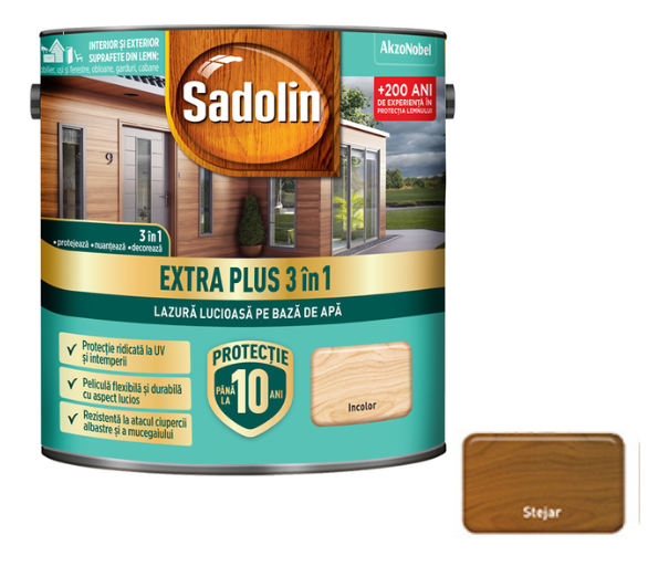 Sadolin EXTRA PLUS 3în1-lazura lucioasă pentru lemn pe bază de de apă, stejar rustic 2.5 l