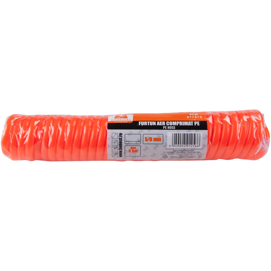 Furtun PE spiralat pentru aer comprimat Evotools, 10 m, max 8 bar, diametru 5/8mm, cuple rapide M/F