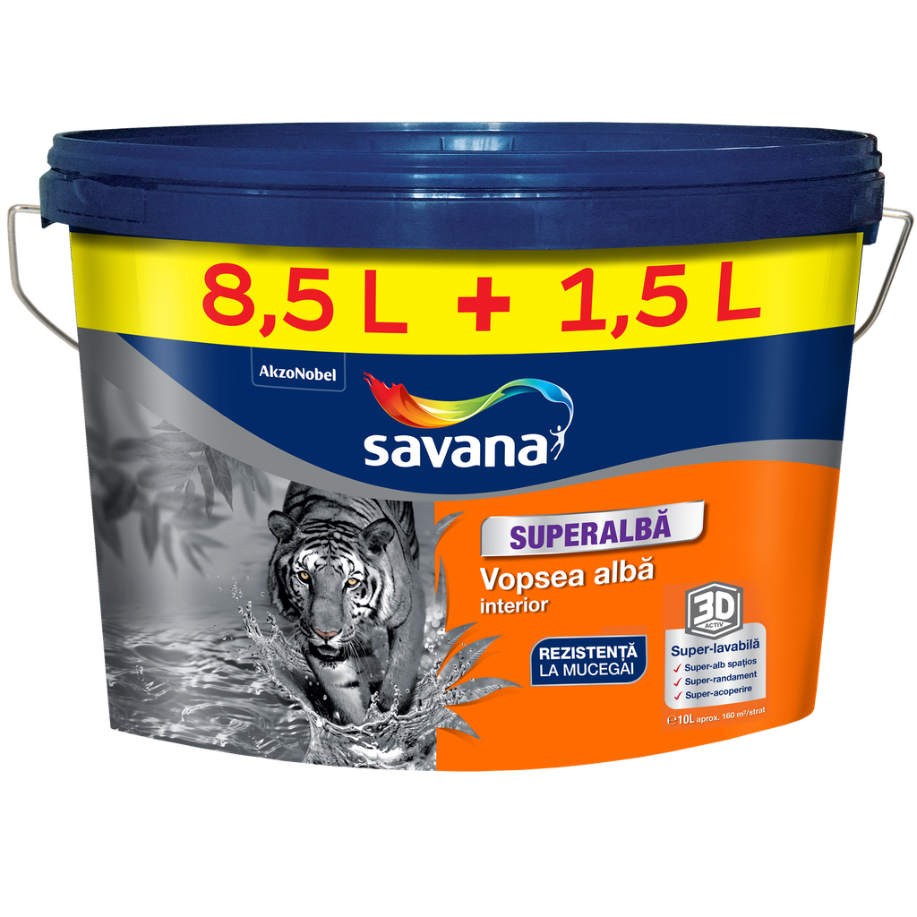 Vopsea Savana superalbă superlavabilă pentru interior, 3D ACTIV cu rezistentă la mucegai, 8.5+1.5 l