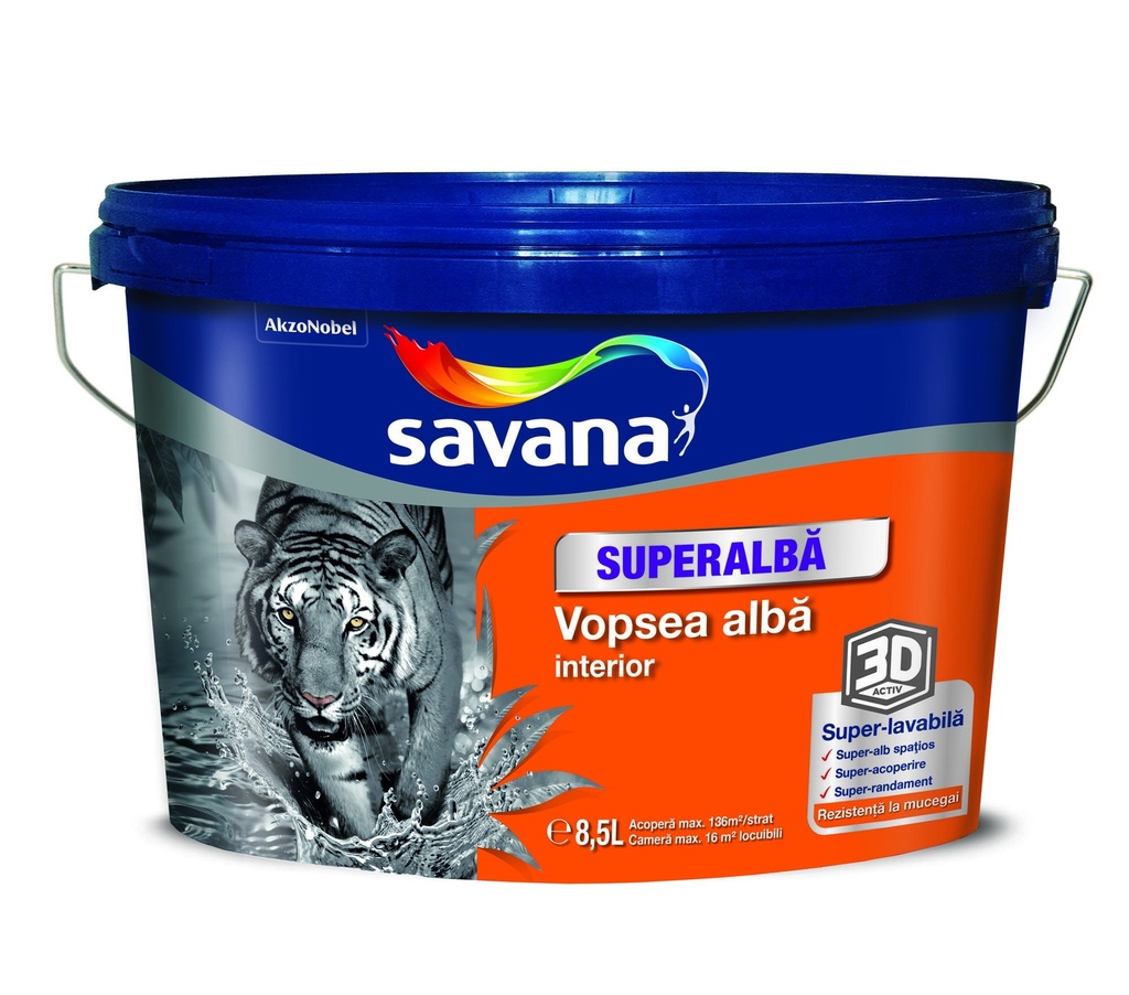 Vopsea Savana superalbă superlavabilă pentru interior, 3D ACTIV cu rezistentă la mucegai, 8.5+1.5 l