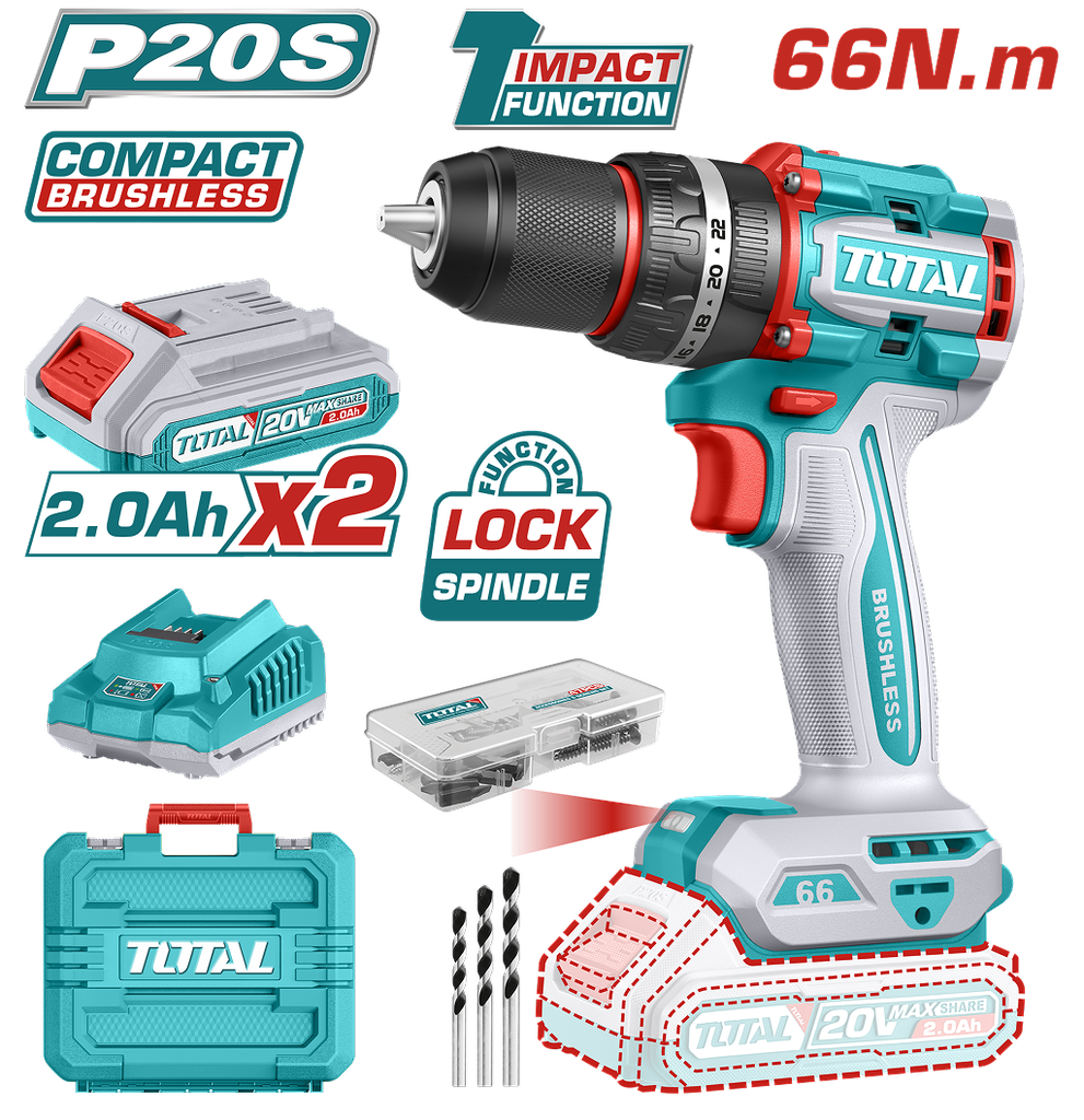 Mașină de găurit cu percuție TOTAL TIDLI20668E 20 V, 2 AH, include 2 acumulatori și un încărcător