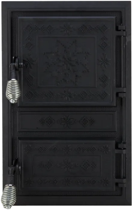 Usa soba monobloc din fonta, cu geam motive romanesti, 400 x 220 mm