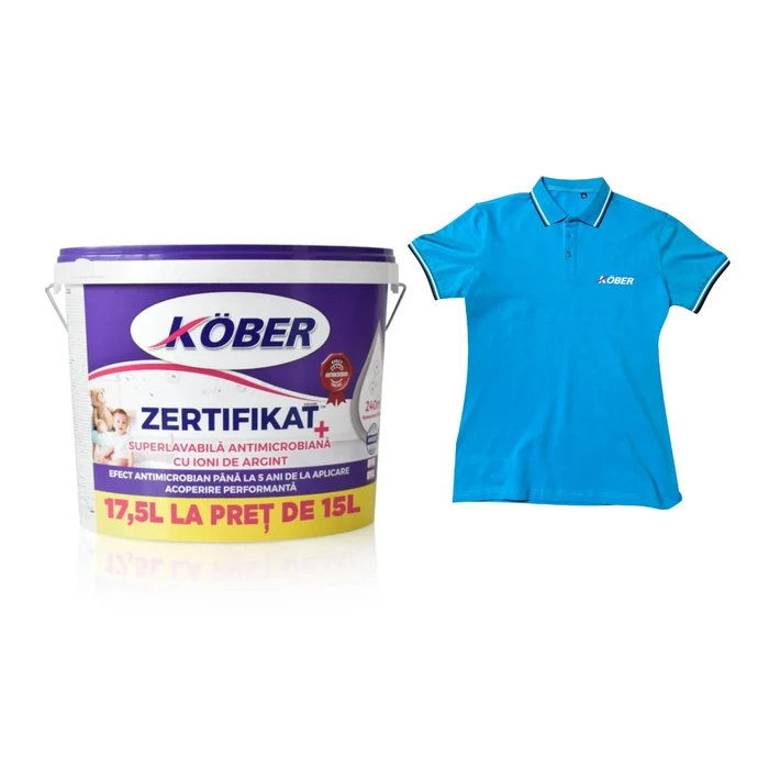Vopsea superlavabila pentru interior Kober Zertifikat Plus cu ioni de argint alba, 17.5 l, set cu tricou