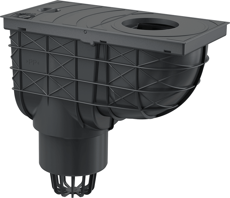 Racord de burlan 300×155/110 mm cu clapetă şi coş de colectare cu ieşire verticală, negru