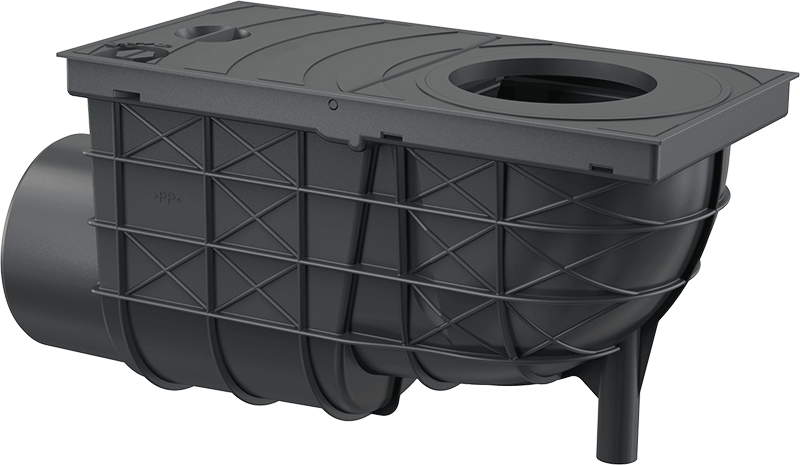 Racord de burlan 300×155/110 mm cu clapetă şi coş de colectare cu ieşire laterală, negru