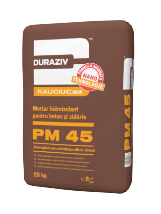 DURAZIV EXPERT PM 45, Mortar hidroizolant cu Kauciuc®, silicon și fibre, pentru beton și zidărie , interior și exterior, 3-5 mm 25 kg/sac