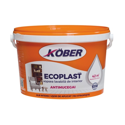 [P004799] Vopsea lavabilă Kober Ecoplast albă intens-mat pentru interior antimucegai, 3 l