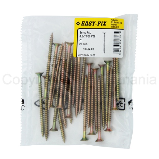[P008983] Surub pentru PAL si lemn cap inecat 4,5x70/60 PZ2 - Zn galben - 25 buc