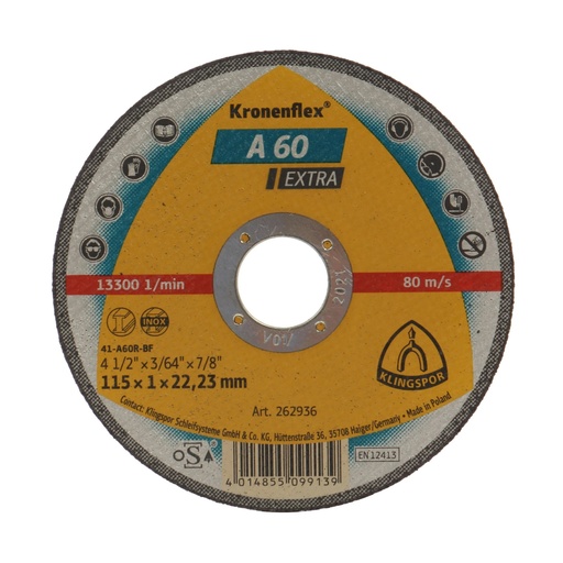 [P009569] Disc de tăiere KLINGSPOR A 60 Extra plat 262936 universal pentru inox, metal, 115x1 mm