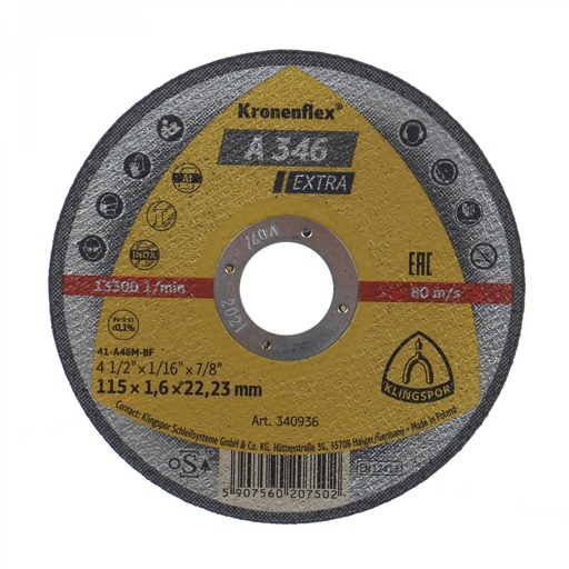 [P004814] Disc de tăiere KLINGSPOR A 346 Extra plat 340936 pentru inox, oțel, aluminiu, 115x1.6 mm