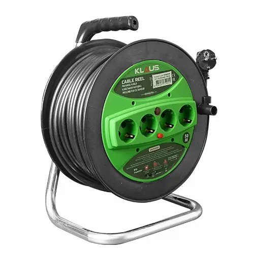 [P010276] Prelungitor cu tambur Klaus, 4 prize, cablu negru 3x2.5 mm, 50 ml