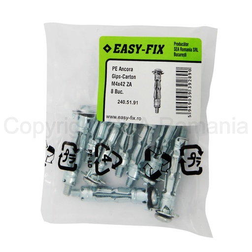[P008660] Ancora metalica pentru pereti gips carton Tip A M4x42 - Zn - 8 buc