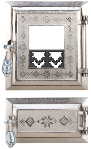 [P007503] Ușă pentru sobă cu geam și cenușar nichelată decor motive romanesti, înalțime 275+140 x 255 mm lățime