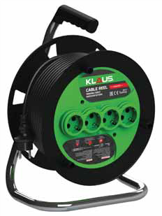 [P010279] Prelungitor cu tambur Klaus, 4 prize, cablu negru 3x1.5 mm, 50 ml