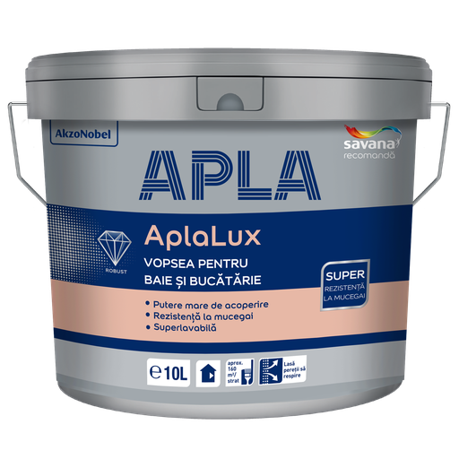 [P005916] Vopsea superlavabilă antiucegai AplaLux albă, pentru baie și bucătărie, 10 l