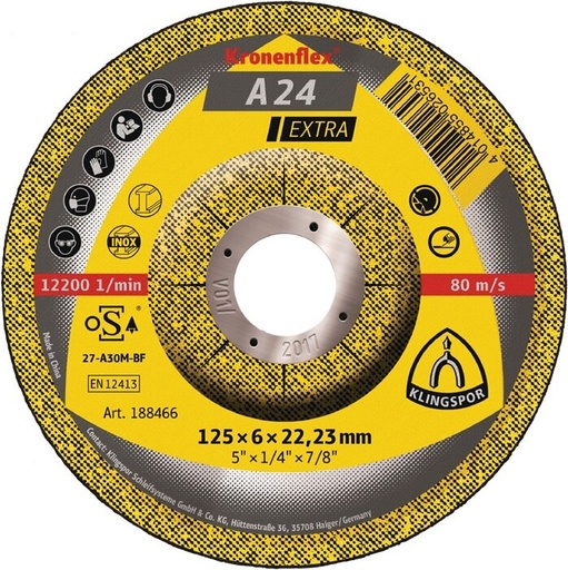 [P004715] Disc de șlefuire KLINGSPOR A 24 Extra curbat 188466 universal pentru metal, 125x6x22.23 mm