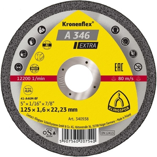 [P006740] Disc de tăiere KLINGSPOR A 346 Extra plat 340938 pentru inox, oțel, aluminiu, 125x1.6 mm