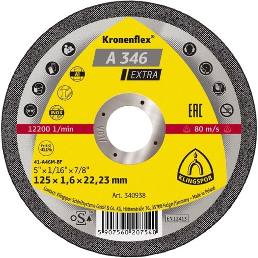 [P006740] Disc de tăiere KLINGSPOR A 346 Extra plat pentru inox, oțel, aluminiu, 125x1.6 mm