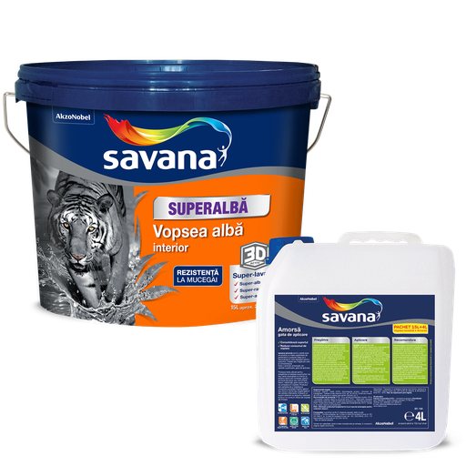 [P005049] Vopsea Savana superalbă superlavabilă pentru interior, 3D ACTIV cu rezistentă la mucegai, 15 l +amorsa 4 l
