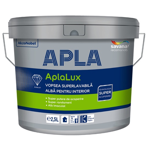 [P003639] Vopsea superlavabilă AplaLux albă, pentru interior, 2.5 l