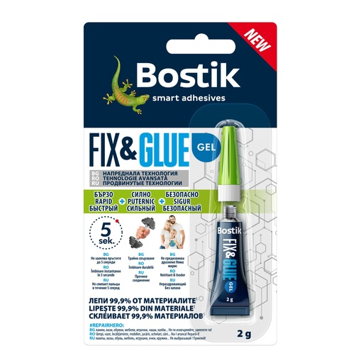 [P004728] Adeziv gel cu întărire rapidă, Bostik Fix & Glue Gel transparent, 2 g