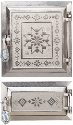 [P007510] Ușă pentru sobă și cenușar nichelată decor motive romanesti, înalțime 275+140 x 255 mm lățime