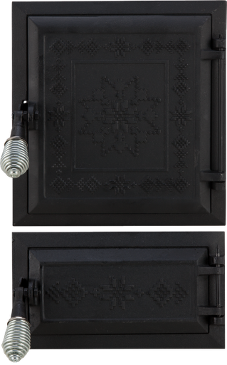 [P008153] Ușă pentru sobă și cenușar din fontă model Motive romanesti, înalțime 275+140 x 255 mm lățime