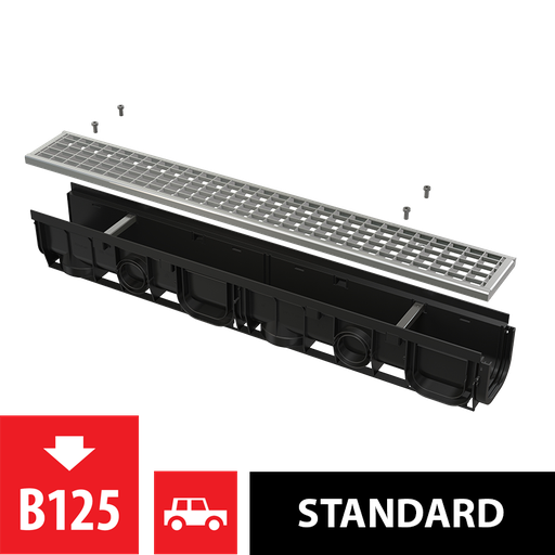 [P004142] Rigolă de exterior de 100 mm AVZ102-R103 cu rama din plastic și grătar galvanizat, clasa B125