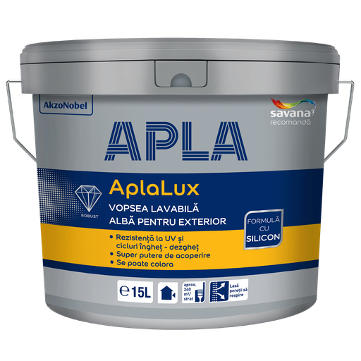 [P010896] Vopsea superlavabilă, AplaLux, silicon, albă, exterior, 15 l