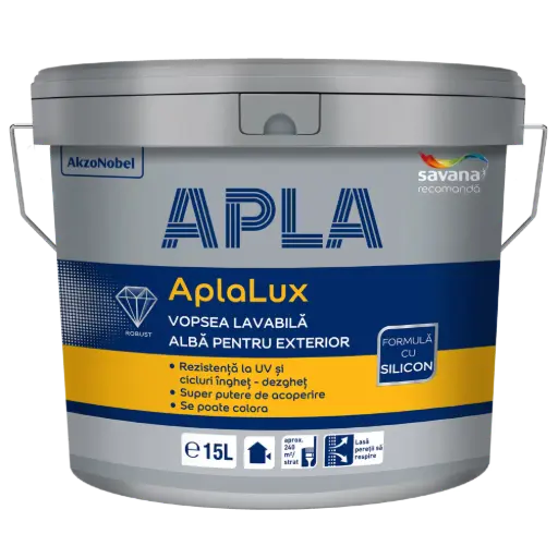 [P010896] Vopsea superlavabilă, AplaLux, silicon, albă, exterior, 15 l