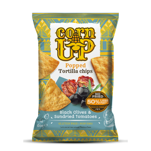 [P008893] Chips tortilla CORNUP Popped din porumb integral galben cu aroma de masline negre si aroma de rosii, 60 g